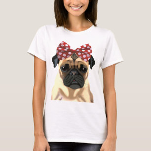 Pug with Red Spotty Bow On Head 2 T-Shirt
