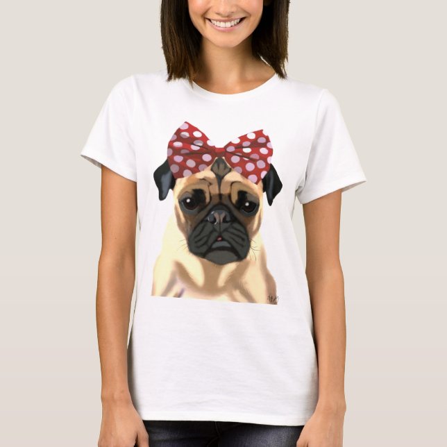Pug with Red Spotty Bow On Head 2 T-Shirt (Front)