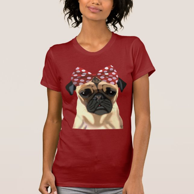 Pug with Red Spotty Bow On Head 2 T-Shirt (Front)