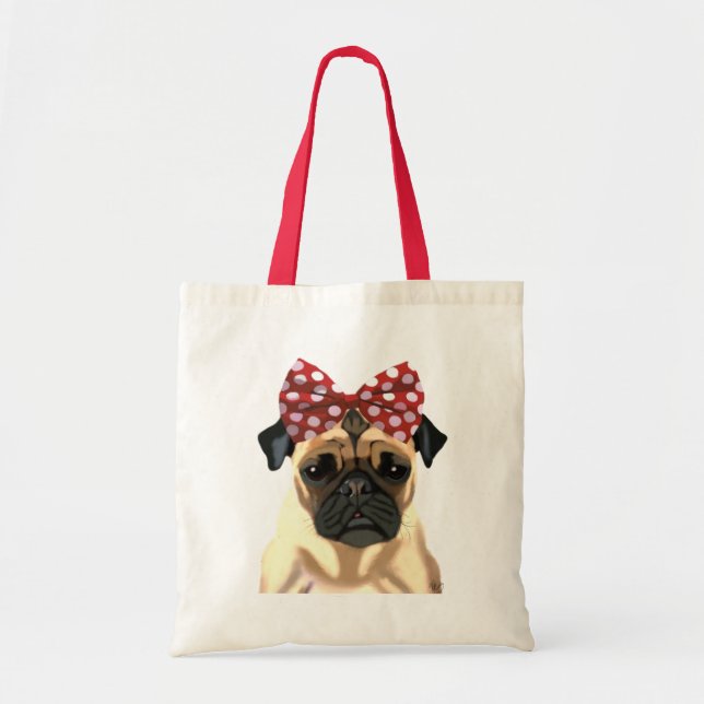Pug with Red Spotty Bow On Head 2 Tote Bag (Front)