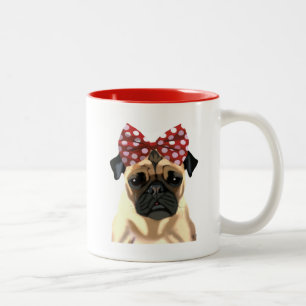 Pug with Red Spotty Bow On Head 2 Two-Tone Coffee Mug