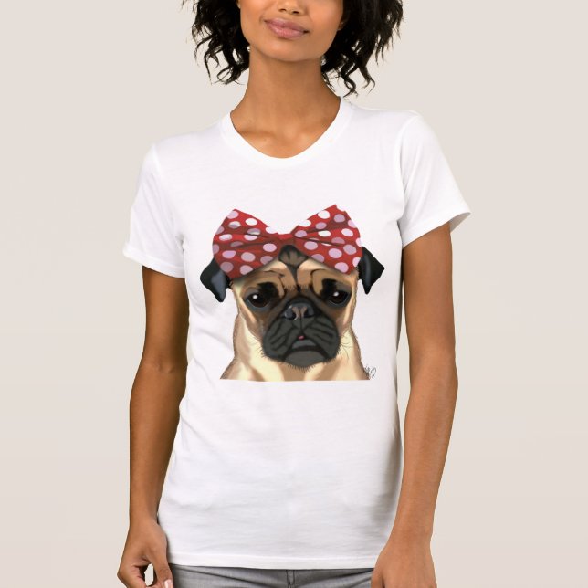 Pug with Red Spotty Bow On Head T-Shirt (Front)