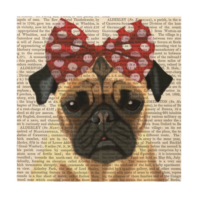 Pug with Red Spotty Bow On Head Wood Wall Decor (Front)