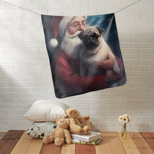 Pug With Santa Claus Festive Christmas Baby Blanket (In Situ)