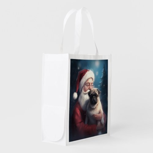 Pug With Santa Claus Festive Christmas Grocery Bag