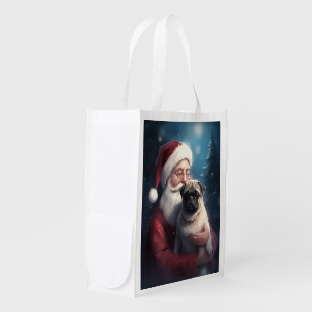Pug With Santa Claus Festive Christmas Grocery Bag (Front Side)