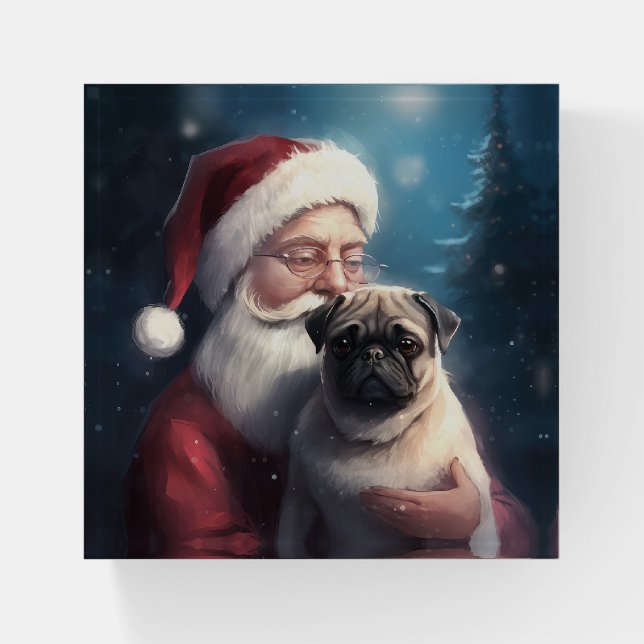 Pug With Santa Claus Festive Christmas Paperweight (Front)