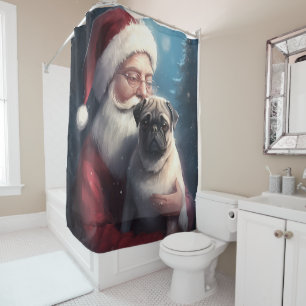 Pug With Santa Claus Festive Christmas Shower Curtain