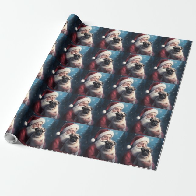 Pug With Santa Claus Festive Christmas Wrapping Paper (Unrolled)