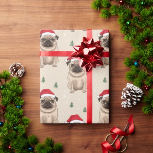 Pug with Santa hat rustic Christmas  Wrapping Paper