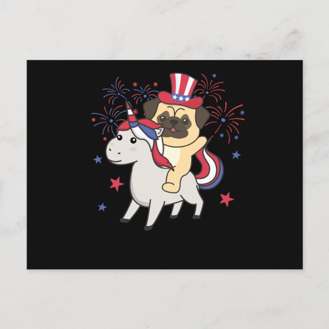 Pug With Unicorn For Fourth Of July Fireworks Postcard (Front)