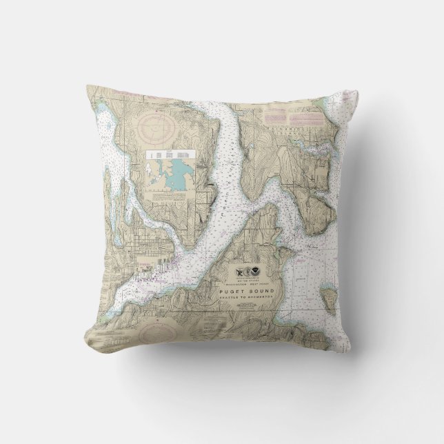 Puget Sound Seattle to Bremerton Nautical Chart Throw Pillow (Front)