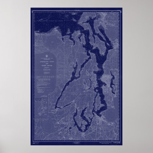 Puget Sound Vintage Map Nautical Chart Blue Art