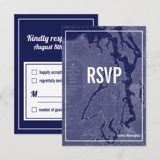 Puget Sound Vintage Map Wedding RSVP Card (Front/Back)