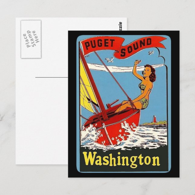 Puget Sound Washington Vintage Travel Art  Postcard (Front/Back)
