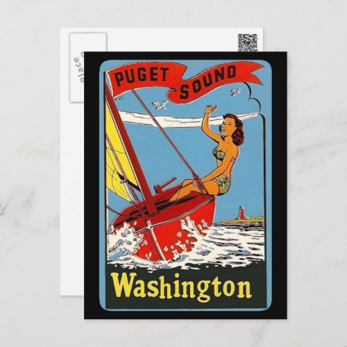 Puget Sound Washington Vintage Travel Art  Postcard