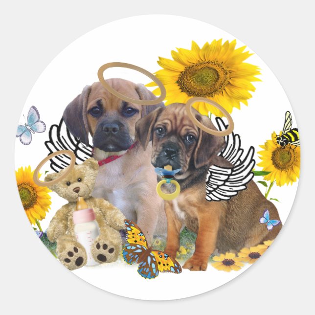Puggle Angel Babies Classic Round Sticker (Front)