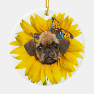 Puggle Angel Daisies Ceramic Ornament