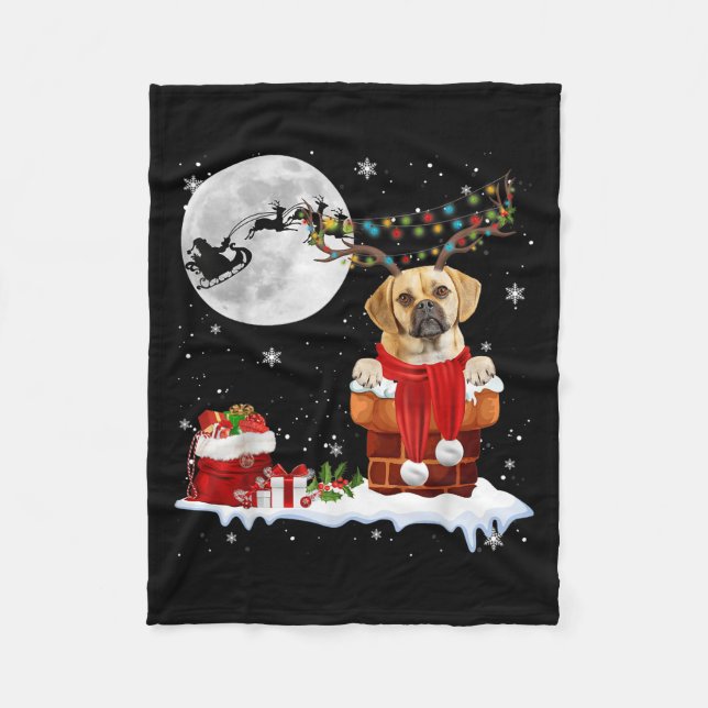 Puggle Dog Chimney Ugly Christmas Lights Xmas Paja Fleece Blanket (Front)
