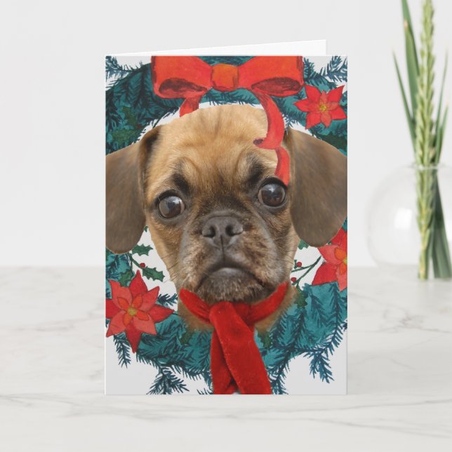 Puggle in Christmas Wreath Holiday Card (Front)
