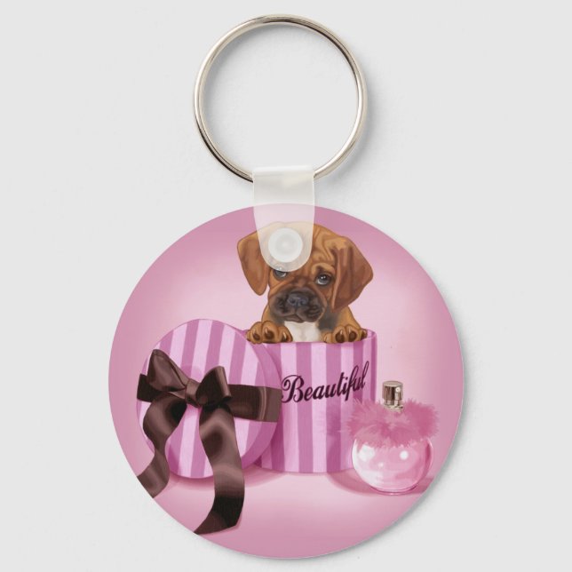 Puggle in Stripy Round Box Keychain (Front)