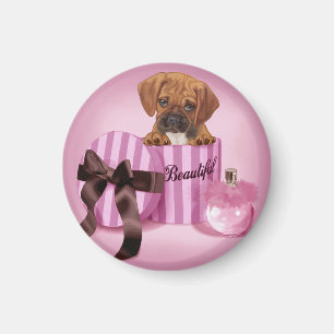 Puggle in Stripy Round Box Magnet