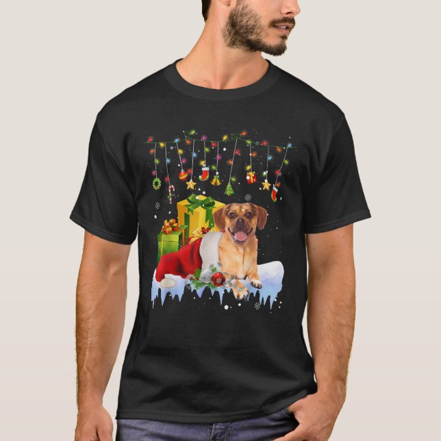 Puggle Santa Hat Christmas Lights Christmas Pajama T-Shirt (Front)