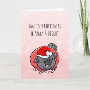 Puggy and Bright black pug Christmas card