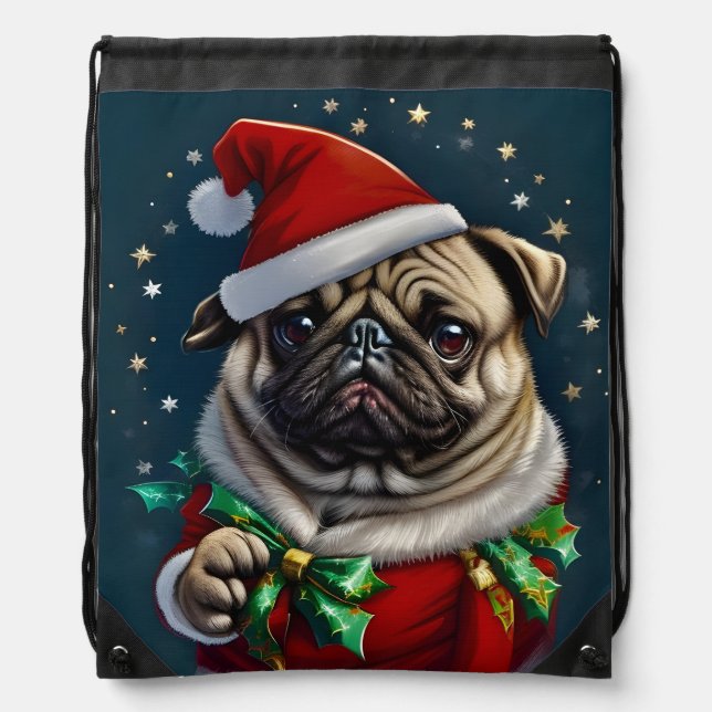 Puggy Claus Collection Drawstring Bag (Front)