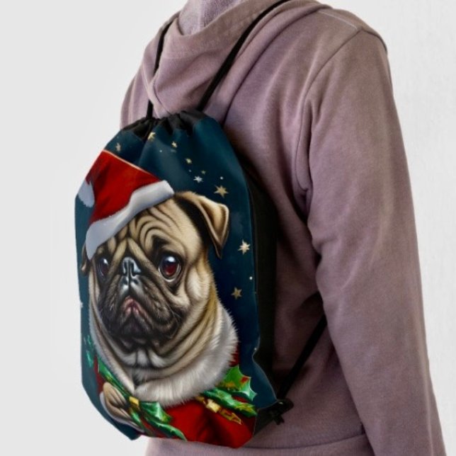 Puggy Claus Collection Drawstring Bag (Made from 100% polyester constructed with reinforced black trim,  solid black back. 
)