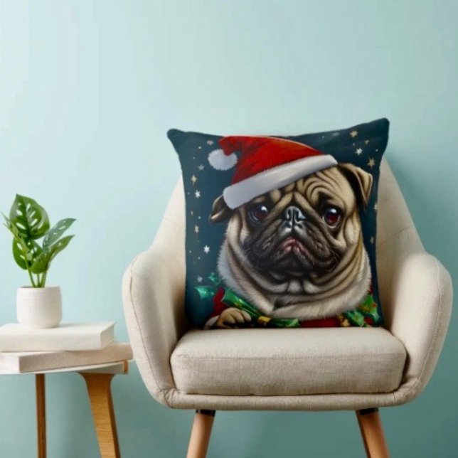 Puggy Claus Collection Throw Pillow (Throw Pillow 100% polyester heavyweight stretch material. Hidden zipper Made in the USA.)