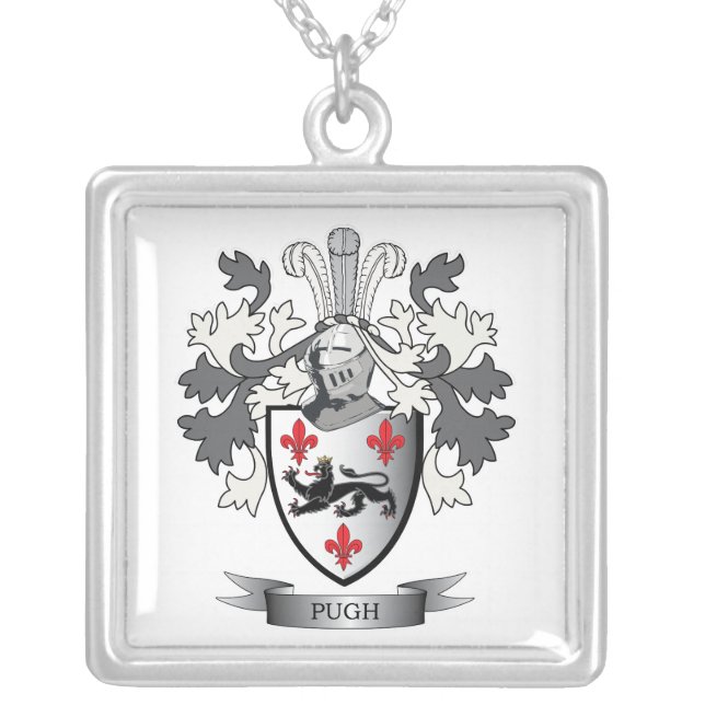 Pugh Family Crest Coat of Arms Silver Plated Necklace (Front)