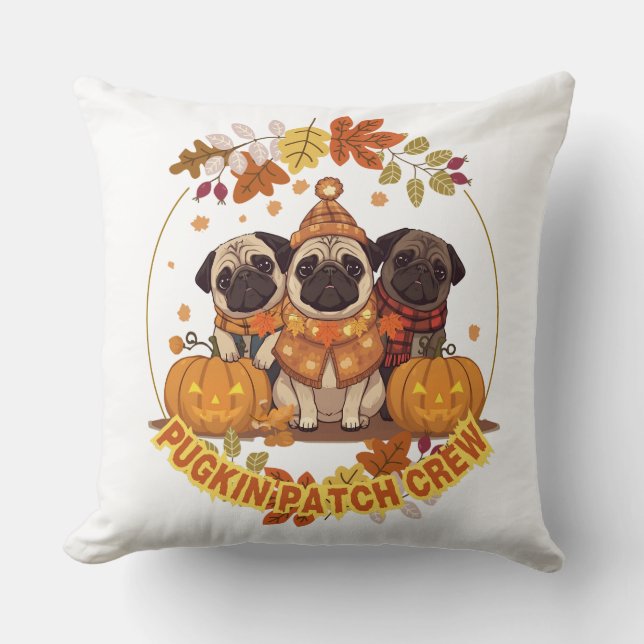 Pugkin Patch Crew | Funny Cute Halloween Pug Pumpk Throw Pillow (Front)