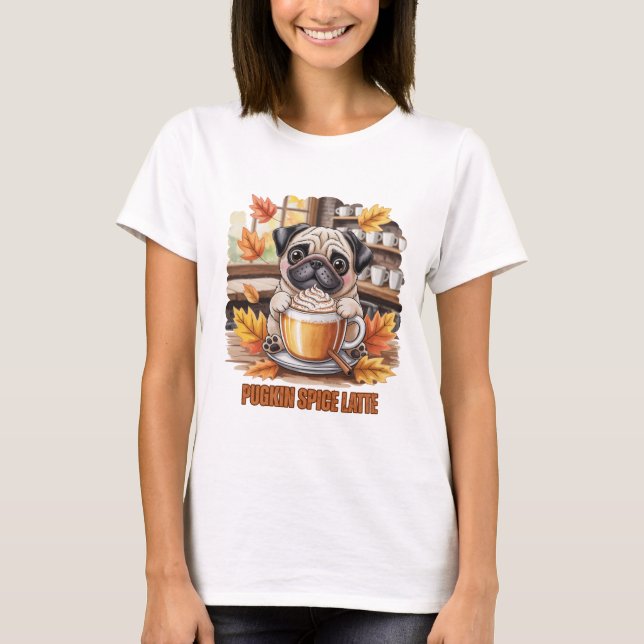 Pugkin Spice Latte – Cute Autumn Pug Coffee Design T-Shirt (Front)