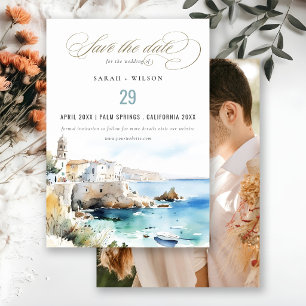 Puglia, Italy Watercolor Landscape Wedding Photo Save The Date