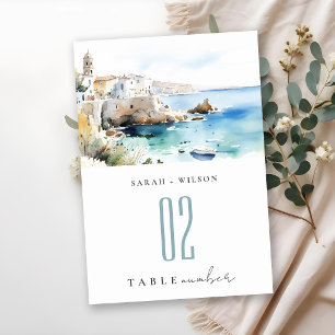 Puglia, Italy Watercolor Landscape Wedding Table Number