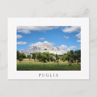 Puglia town with olive trees white postcard