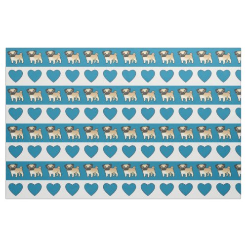 Pugs and Hearts _ Blue Fabric