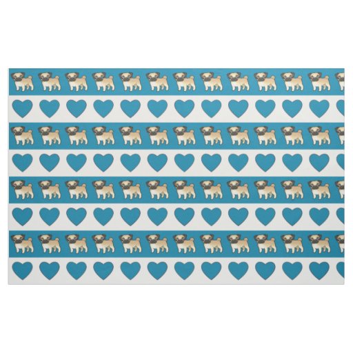 Pugs and Hearts - Blue Fabric