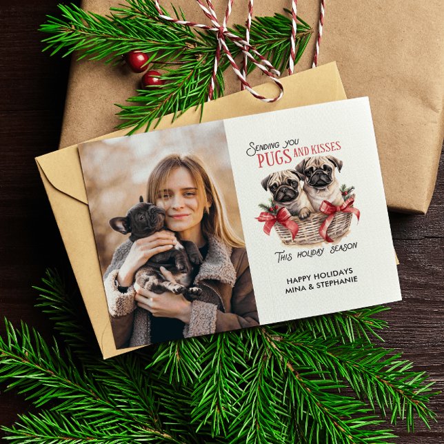 PUGS AND KISESS DOG THEMED CHRISTMAS SINGLE PHOTO  HOLIDAY CARD (DIGITAL CARD PUPPY PUG THEMED SINGLE VERTICAL PHOTO ELEGANT FUNNT PUGS AND KISSES)