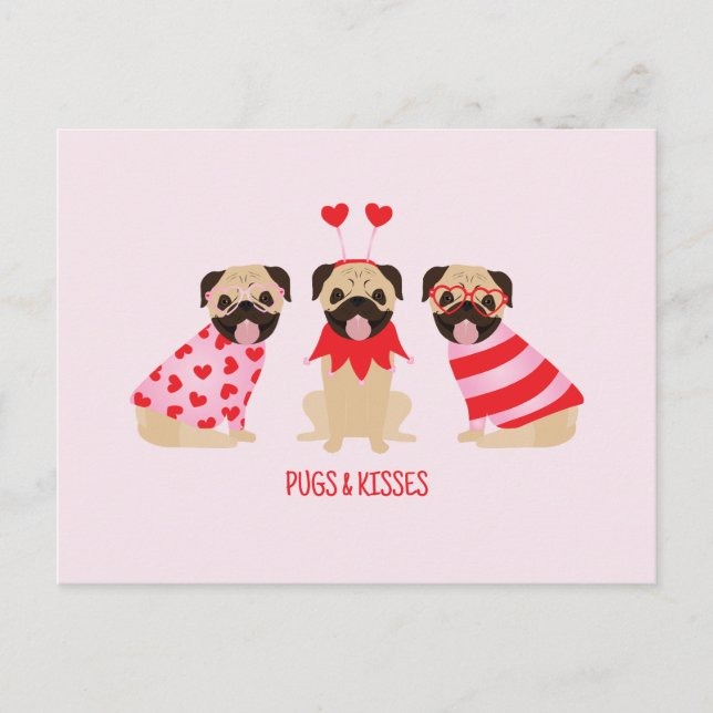 Pugs And Kisses Cute Pug Dogs Postcard (Front)