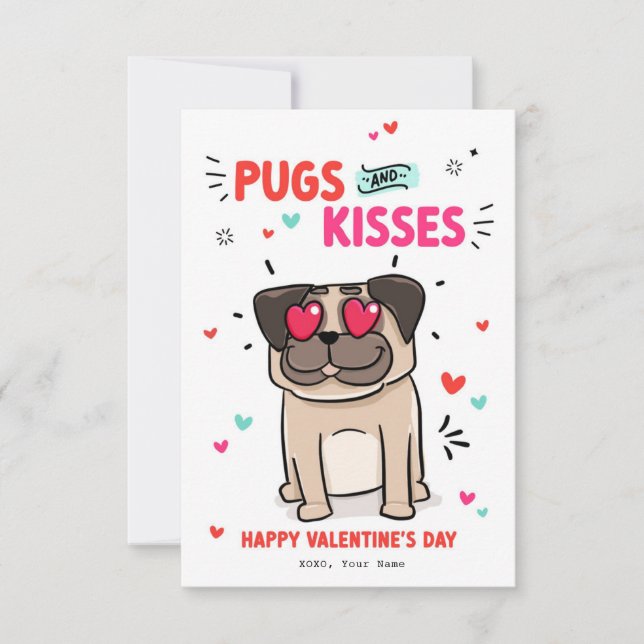 Pugs and Kisses Dog Pun Pug puppy Valentine's card (Front)