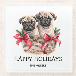PUGS AND KISSES DOG-THEMED CHRISTMAS CUSTOM GLASS COASTER