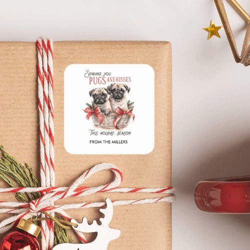 PUGS AND KISSES FUNNY MERRY CHRISTMAS CUSTOM TEXT SQUARE STICKER