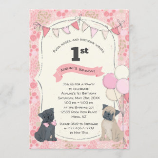 Pugs and Kisses Puppy Dog Photo Birthday Invitation
