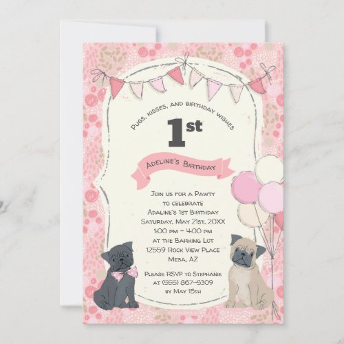 Pugs and Kisses Puppy Dog Photo Birthday Invitation