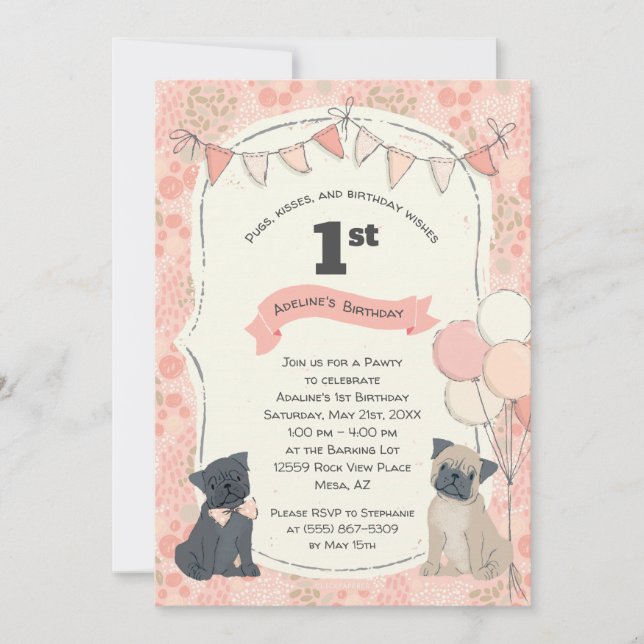 Pugs and Kisses Puppy Dog Photo Birthday Invitation (Front)