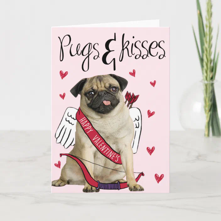 Pugs and Kisses Valentine greeting card Printable Dog Lover Valentine's  Day greeting card.