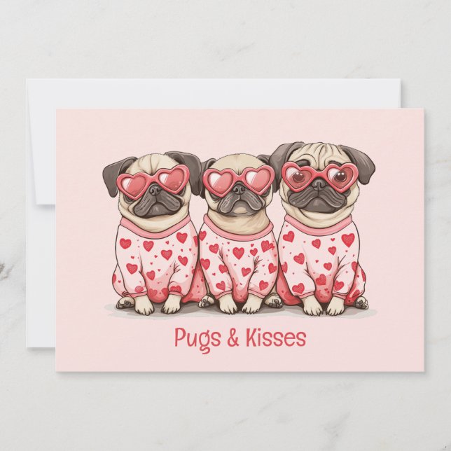 Pugs And Kisses Valentines Day Pug Dogs Holiday Card (Front)