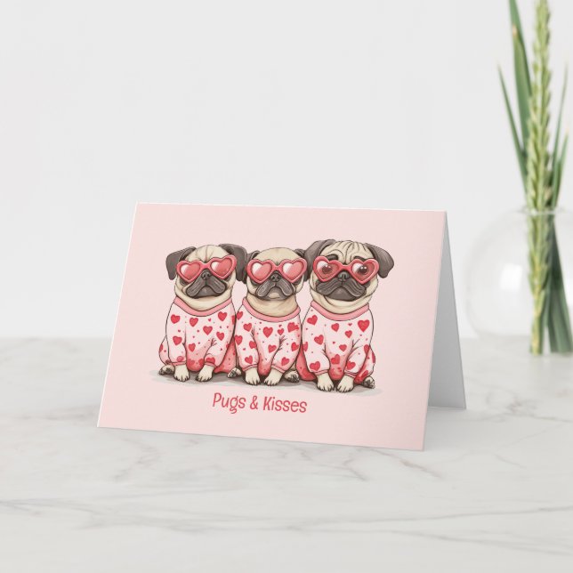 Pugs And Kisses Valentines Day Pug Dogs Holiday Card (Front)
